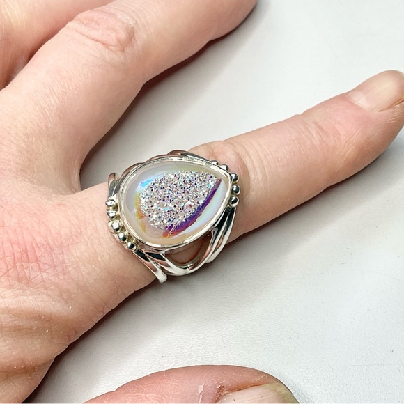 Sajen Sterling Silver Druzy Agate Ring Huge Adjustable - Picture 7 of 10